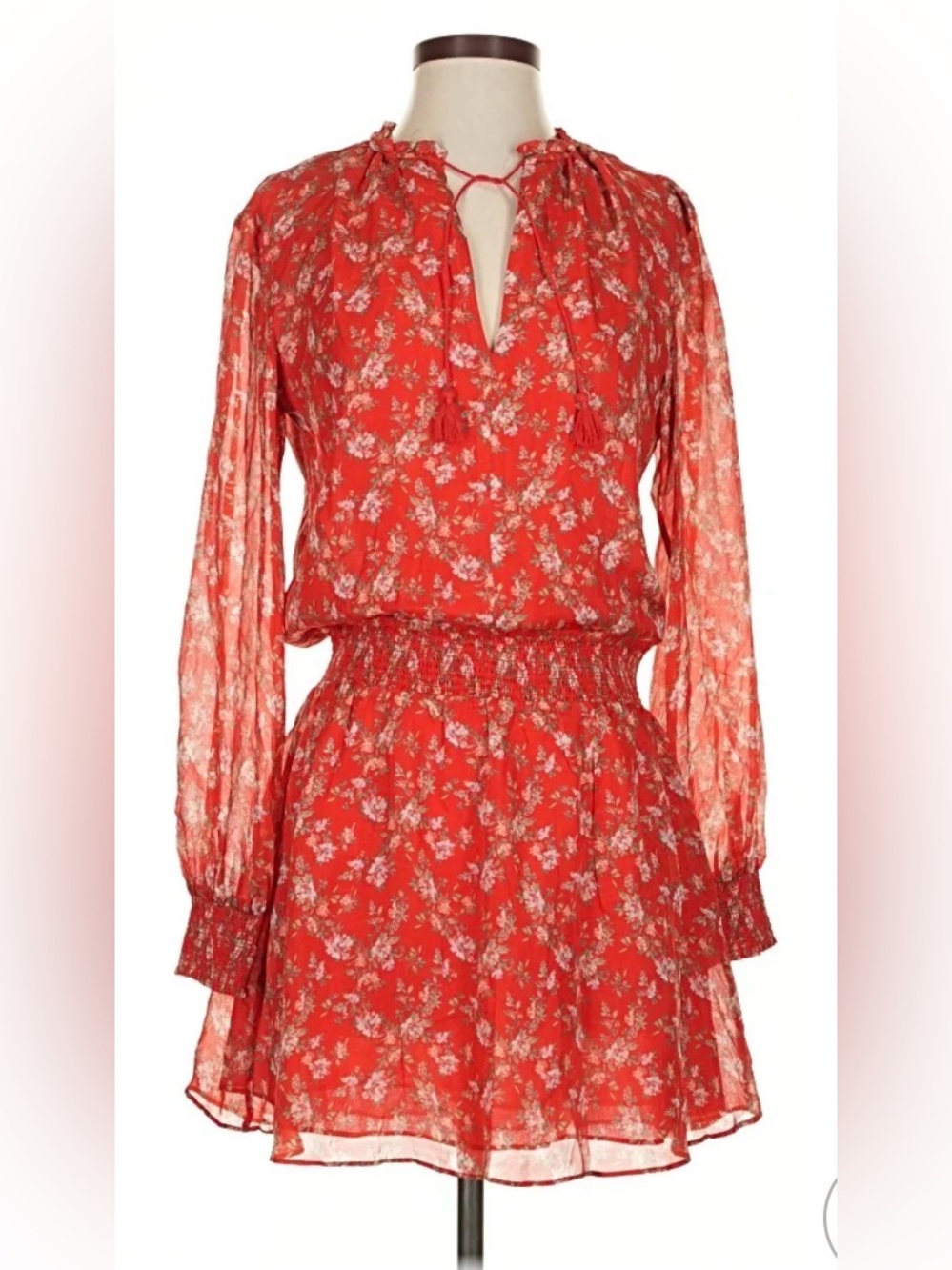 INTERMIX ✨Silk✨ Red Floral Tie-Neck Long-Sleeve Mini Dress